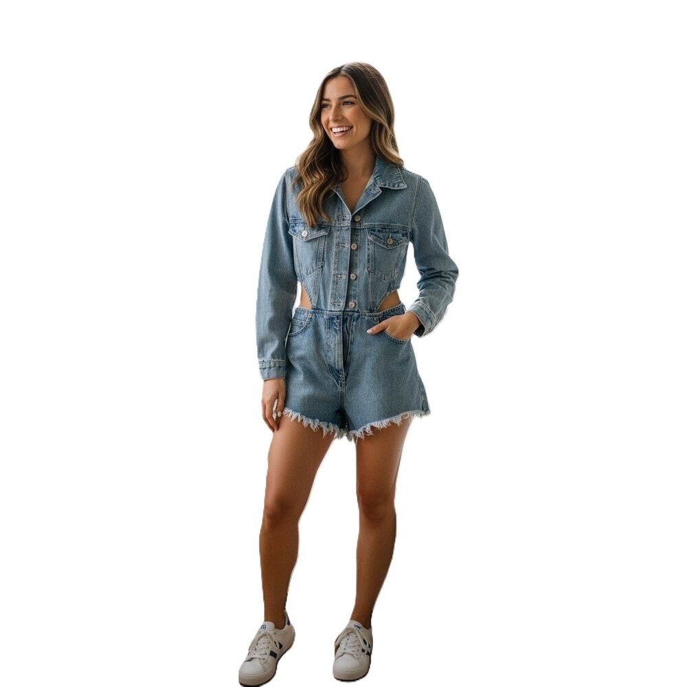 Zara Long-Sleeve Denim Romper Light Wash Blue Jean Playsuit Jumpsuit Size S
